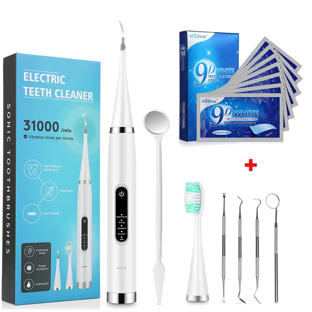 Electric Dental Scaler + 9D Teeth Whitening Strips Tooth Cleaner Whitener Set Tartar Stains Calculus Remover Oral Hygiene Care