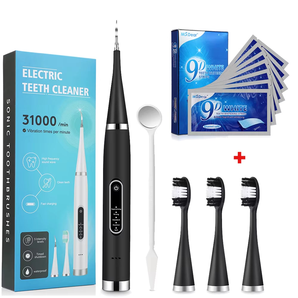 Electric Dental Scaler + 9D Teeth Whitening Strips Tooth Cleaner Whitener Set Tartar Stains Calculus Remover Oral Hygiene Care