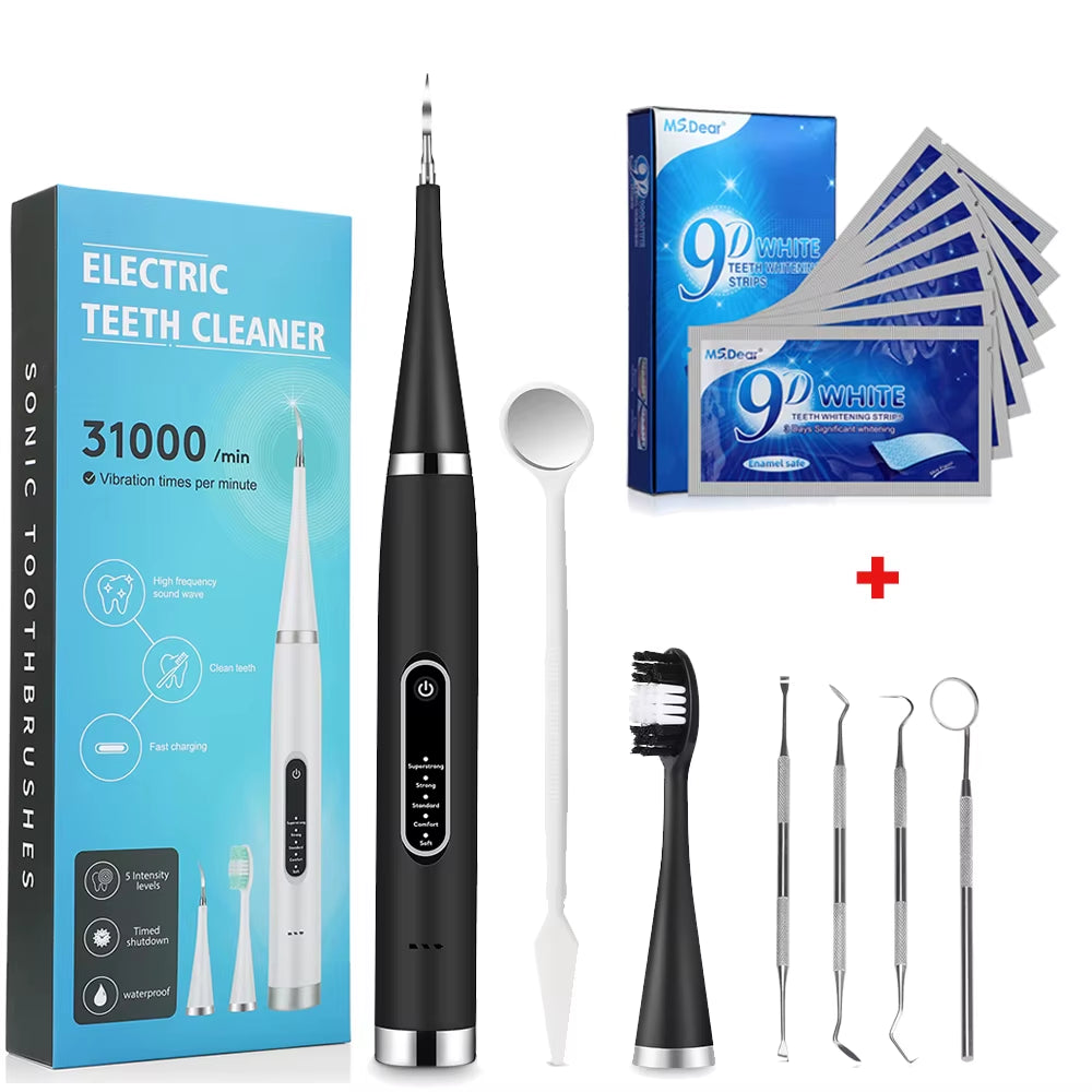 Electric Dental Scaler + 9D Teeth Whitening Strips Tooth Cleaner Whitener Set Tartar Stains Calculus Remover Oral Hygiene Care