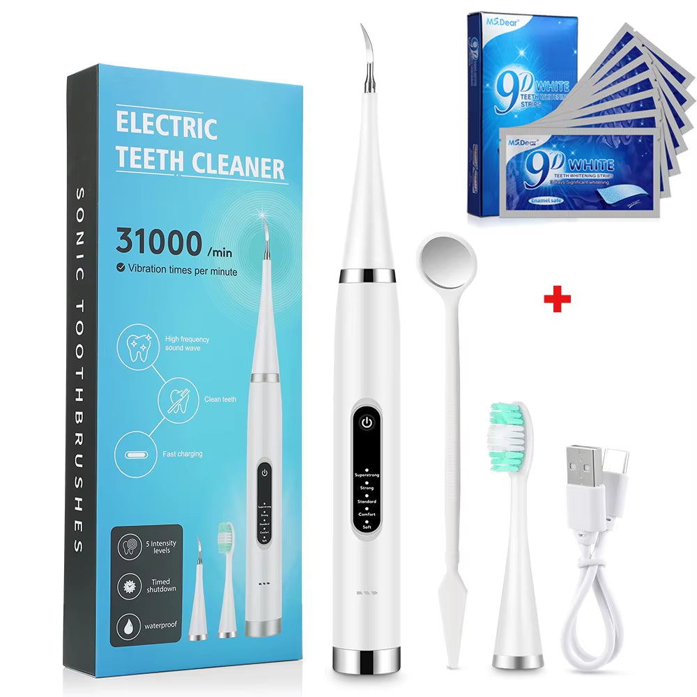 Electric Dental Scaler + 9D Teeth Whitening Strips Tooth Cleaner Whitener Set Tartar Stains Calculus Remover Oral Hygiene Care